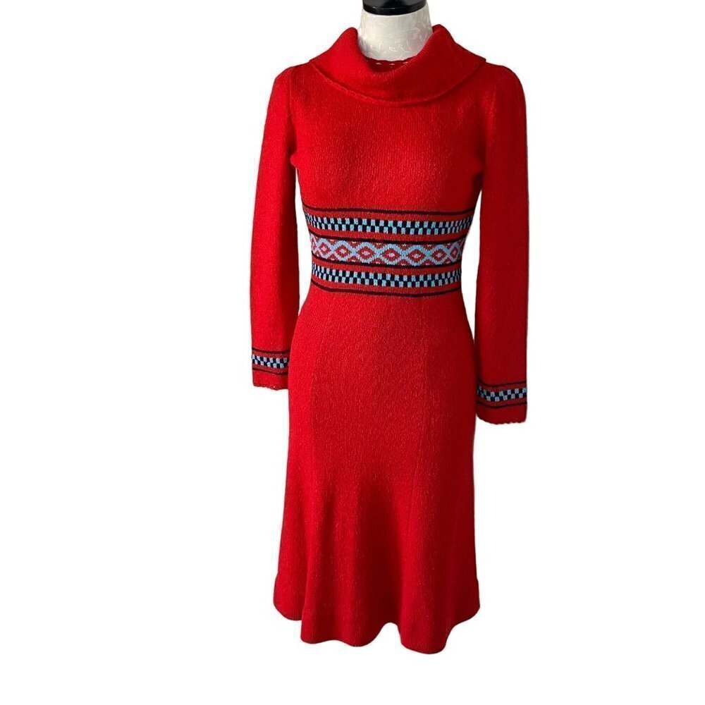 Picardo Knits Vintage Sweater Dress Size Small Red Knit Fitted Midi Cowl Neck